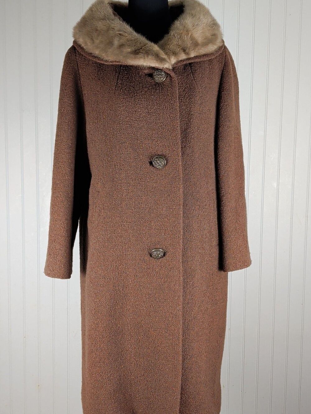 Vintage 1960s Chocolate Brown Textured Bouclé Wool Coat with Fur Collar
